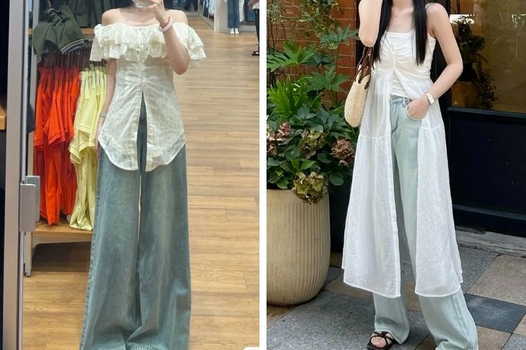 Phối quần jean dài cùng áo 2 dây xòe tà