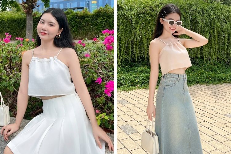 Áo 2 dây mix cùng chân váy năng động