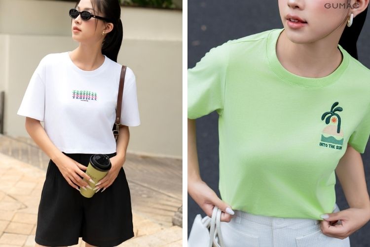 Phối áo thun cổ tròn cùng quần short