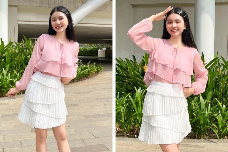 Mix áo voan cùng chân váy xếp ly