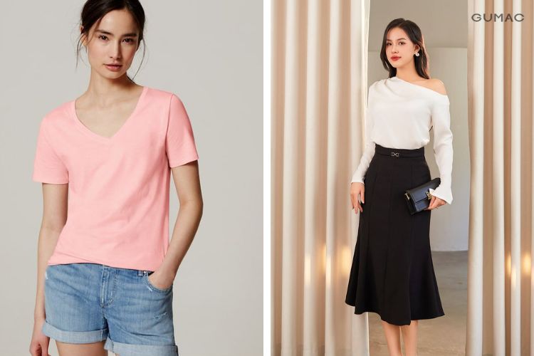 Phối áo cổ tim với chân váy đuôi cá cho nàng