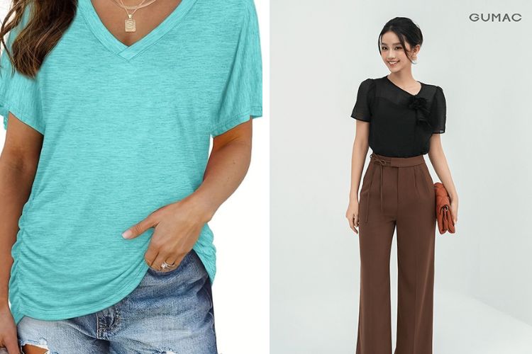 Phối áo cổ tim với quần ông suông