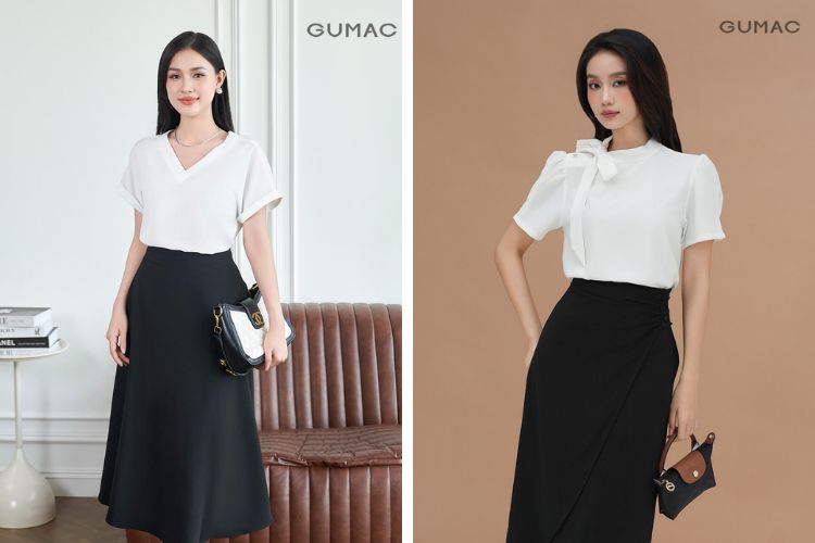 Phối áo cổ tim với chân váy xòe xếp ly cho nàng