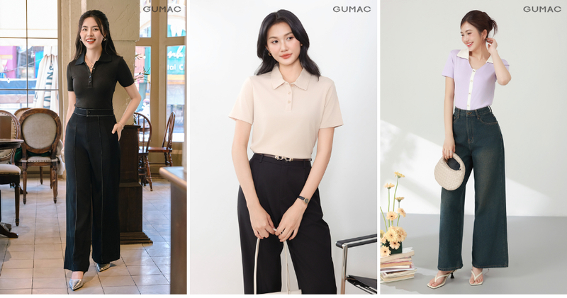 Áo croptop polo kết hợp cùng quần ống rộng sẽ giúp tổng thể trở nên nổi bật và thời thượng hơn hẳn.