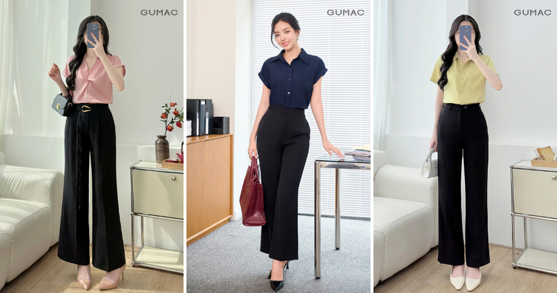 Áo croptop sơ mi kết hợp với quần ống rộng gọn gàng, thanh lịch.