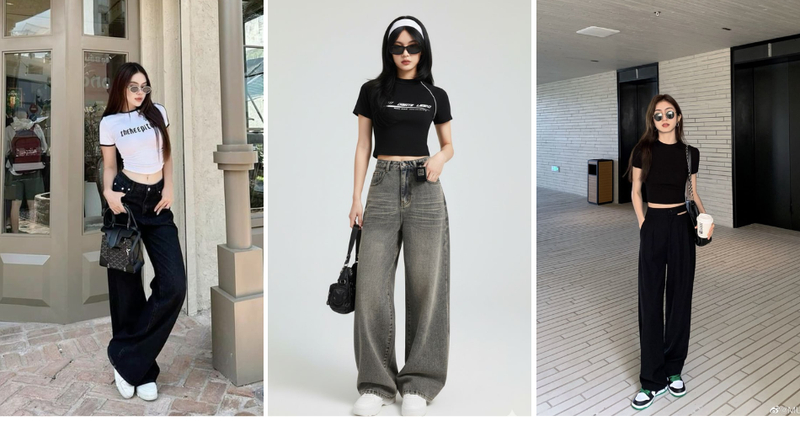 Áo thun croptop phối quần ống rộng cơ bản nhưng đủ nổi bật.