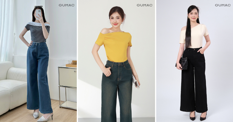 Combo quần ống rộng và áo croptop trễ vai sẽ mang lại cảm giác vừa duyên dáng vừa cuốn hút.