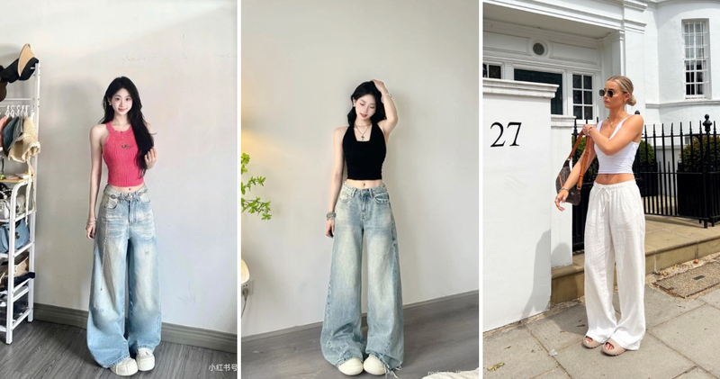 Phối croptop 2 dây, sát nách hay tank top kết hợp cùng quần ống rộng tạo sự cân bằng giữa phần trên gọn gàng và phần dưới thoải mái.