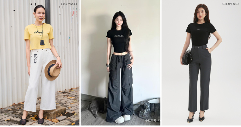 Quần ống rộng kết hợp với áo croptop cá tính, năng động.