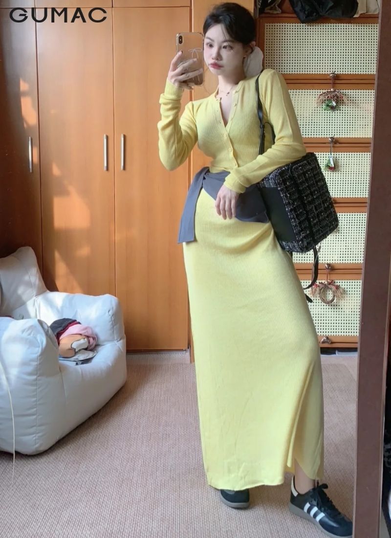 kieu ao dam vang tay dai