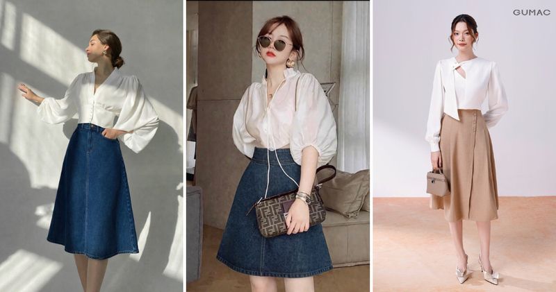 Áo blouse kết hợp cùng chân váy chữ A là công thức "bất bại" cho vẻ đẹp ngọt ngào, sang trọng.