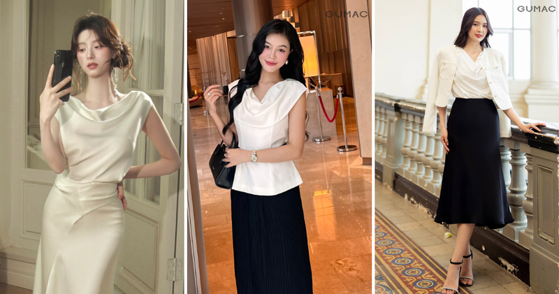 Áo cổ đổ phối cùng chân váy xếp ly mang lại vẻ đẹp đài các, toát lên sự thời thượng và tinh tế.