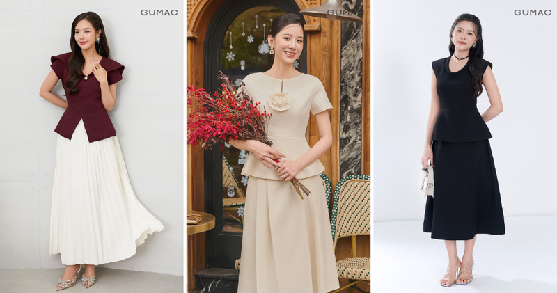 Áo peplum mặc với váy xòe ghi điểm bằng sự sang trọng, duyên dáng.