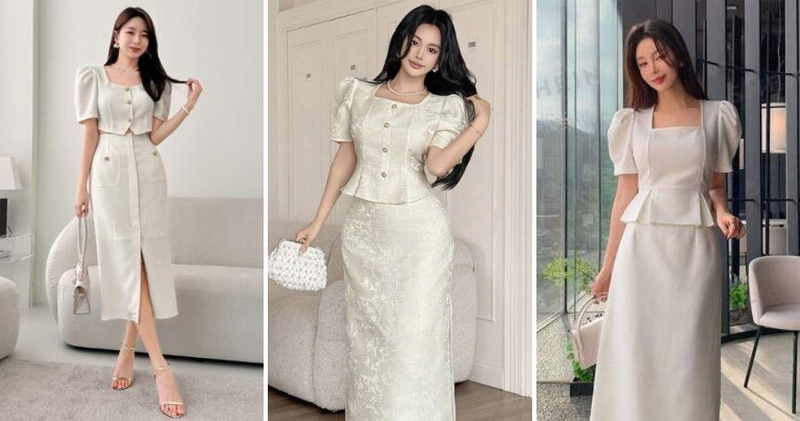 Combo áo kiểu tay bồng vuông cổ mix chân váy bút chì mang lại sự thanh lịch, quý phái.