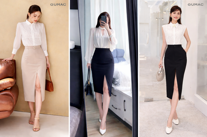 Một chiếc áo sơ mi kiểu phối cùng chân váy xẻ tà là công thức hoàn hảo cho quý cô công sở