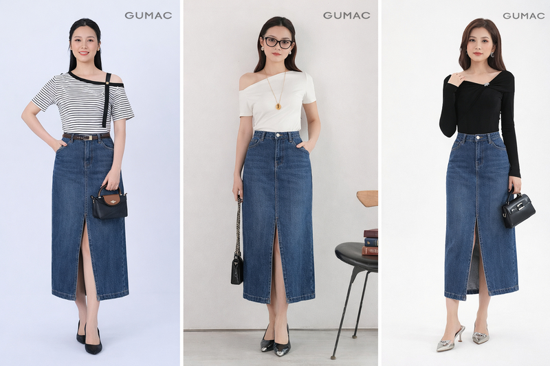 Một chiếc áo thun lệch vai kết hợp cùng chân váy jeans dáng dài tạo nên sự đối lập đầy cuốn hút.