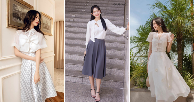 Sự kết hợp giữa áo voan và chân váy xòe mang đến một bộ trang phục đậm chất thơ, nữ tính và dịu dàng.