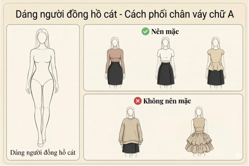 Với dáng người đồng hồ cát, hãy ưu tiên áo ôm sát và chân váy chữ A cạp cao