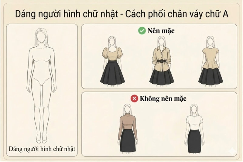 Với dáng người hình chữ nhật, hãy chọn áo có chi tiết nhấn eo và chân váy chữ A xòe rộng