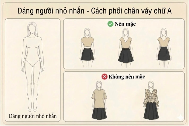 Với dáng người nhỏ nhắn, hãy chọn áo croptop và chân váy chữ A dáng ngắn để kéo dài đôi chân