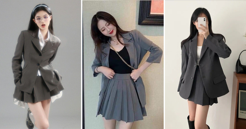 Áo blazer diện cùng chân váy xòe ngắn chuẩn style Hàn Quốc.