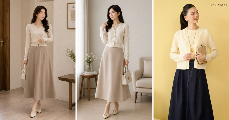 Áo cardigan mix chân váy chữ A dáng dài tạo nét dịu dàng, lãng mạn cho những buổi hẹn hò cà phê.