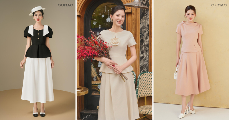 Áo peplum diện cùng chân váy xếp ly dáng dài tạo sự gọn gàng, nữ tính và tôn dáng triệt để.