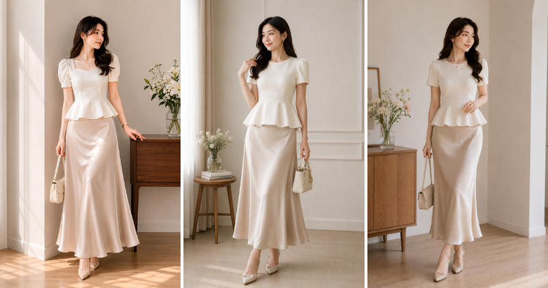 Áo peplum phối chân váy lụa giúp tăng thêm phần sang trọng, quý phái.