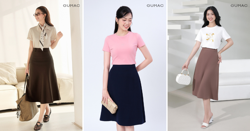 Áo thun kết hợp cùng chân váy chữ A dài là công thức phối đồ vừa trẻ trung vừa thanh lịch.