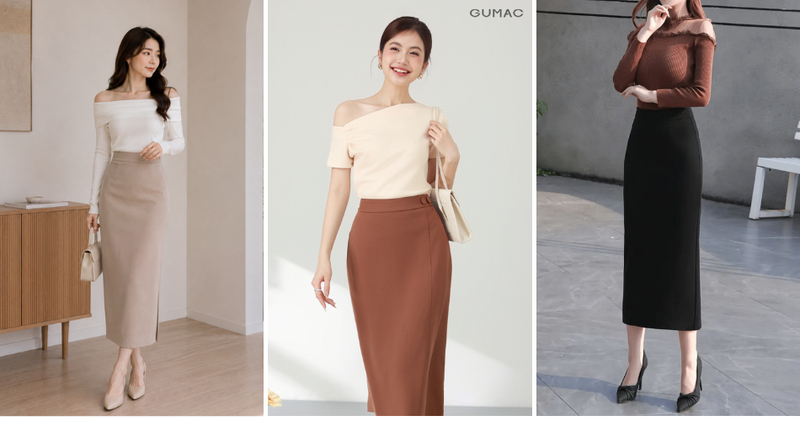 Áo trễ vai mix chân váy bút chì mang lại vẻ ngoài cuốn hút, quyến rũ.