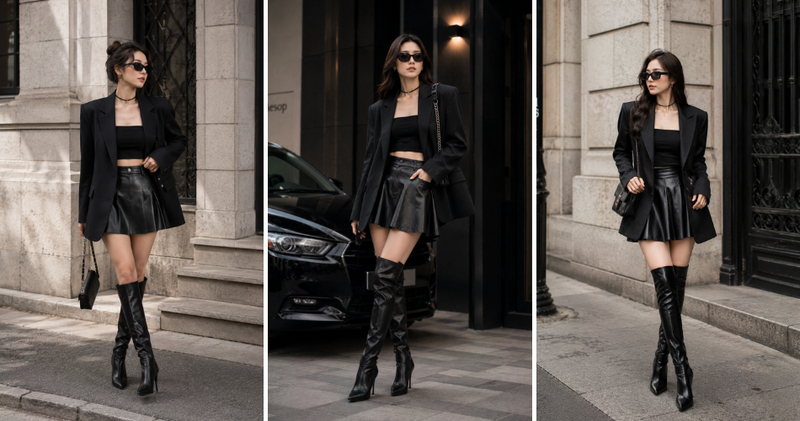 Chân váy da mang đến vẻ ngoài cực chất, kết hợp cùng áo blazer và áo ống ôm sẽ tạo nên sự cân bằng hoàn hảo.