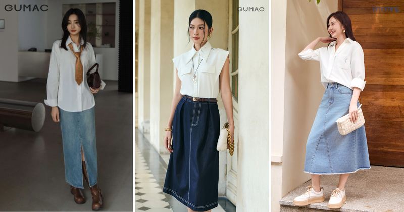 Chân váy jeans dáng dài kết hợp cùng áo sơ mi phóng khoáng, trẻ trung.