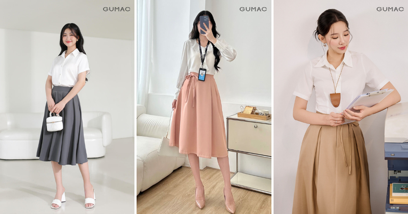 Chân váy xếp ly dáng dài phối áo sơ mi.