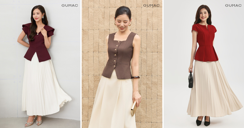 Chân váy xòe dài phối áo peplum tôn lên đường cong cơ thể.