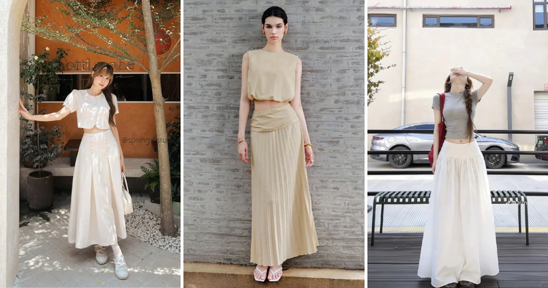 Hack eo thon thả cùng áo crop top và chân váy xếp ly dài.