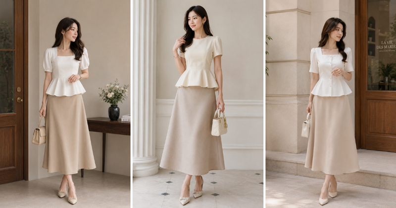 Kết hợp chân váy chữ A cùng áo peplum với điểm nhấn chiết eo giúp che vòng hai khéo léo.