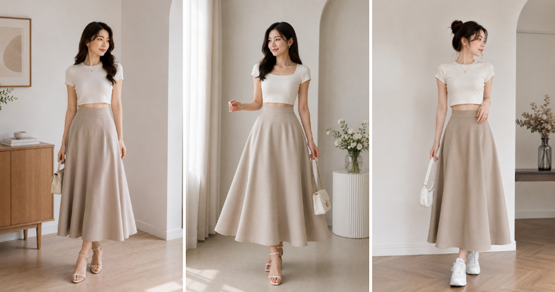 Khoe khéo vòng eo thon gọn với combo áo croptop và chân váy xòe dáng dài.