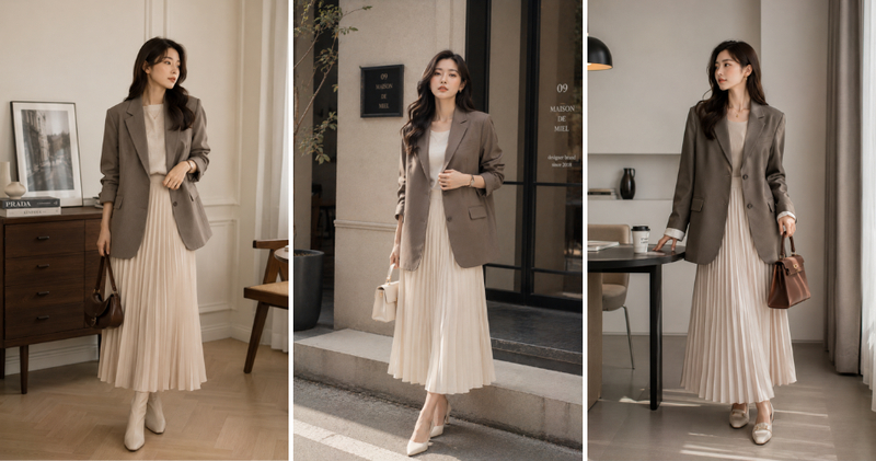 Phối blazer với váy xếp ly dài, bạn sẽ có một diện mạo vô cùng thanh lịch, sang trọng.