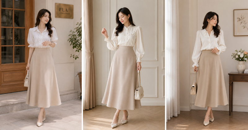Set đồ chân váy chữ A dài và áo tay bồng/cổ bèo là lựa chọn hoàn hảo cho những cô nàng điệu đà.