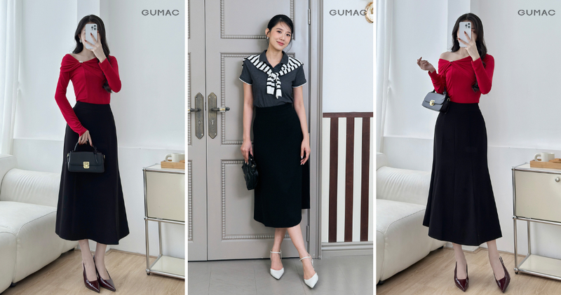 Sự kết hợp giữa áo kiểu điệu đà và chân váy đuôi cá giúp tổng thể trang phục trở nên mềm mại và sang trọng.