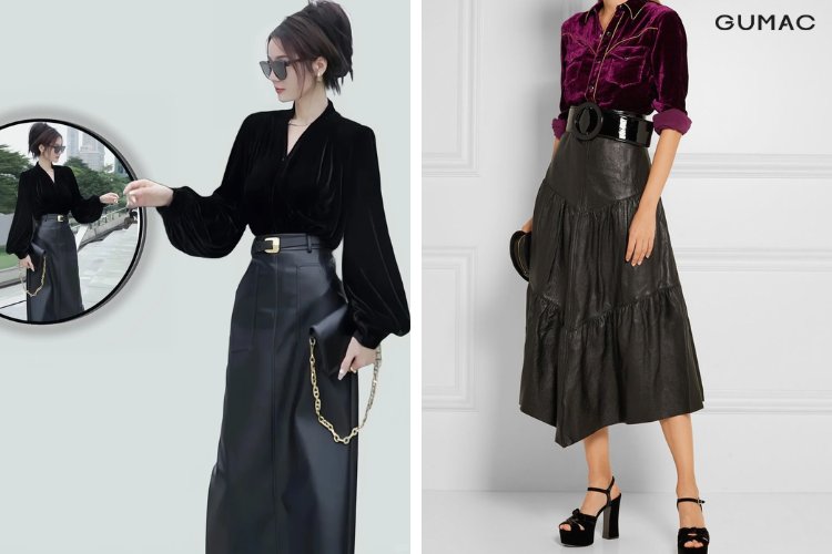 Áo nhung kết hợp chân váy da cá tính