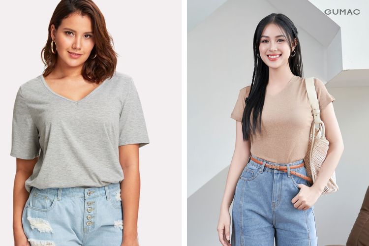 Phối áo cổ tim với quần jeans short cho nàng