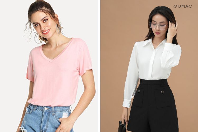 Phối áo cổ tim với quần short kiểu túi đắp cho nàng