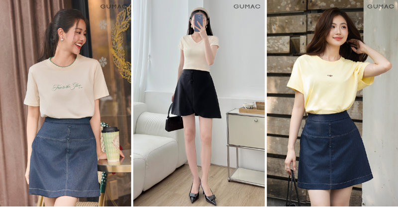 Áo thun cotton phối cùng chân váy chữ A ngắn tạo cảm giác dễ chịu khi mặc.
