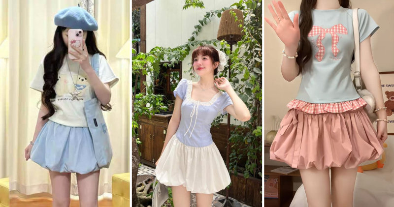 Áo thun kết hợp chân váy bí mang lại vẻ trẻ trung, nữ tính