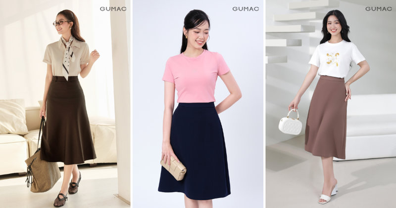 Áo thun kết hợp cùng chân váy chữ A dài trẻ trung, thanh lịch.