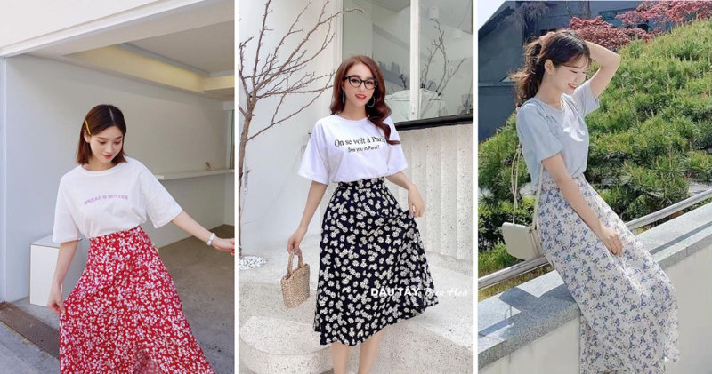 Áo thun kết hợp cùng chân váy hoa nhí nhẹ nhàng, nữ tính.