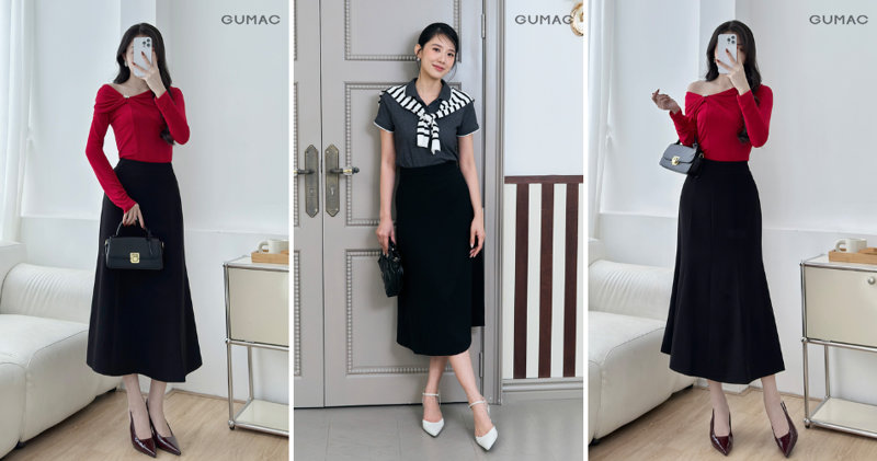 Áo thun đơn giản kết hợp chân váy đuôi cá mềm mại và sang trọng.
