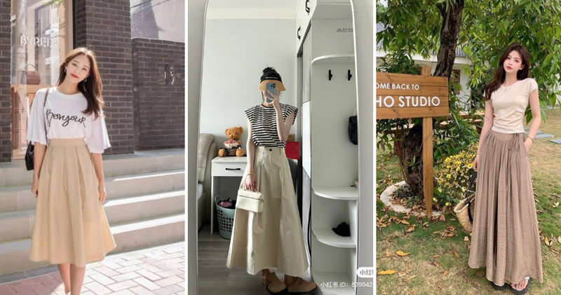 Áo thun phối cùng chân váy linen cho những ngày hè.