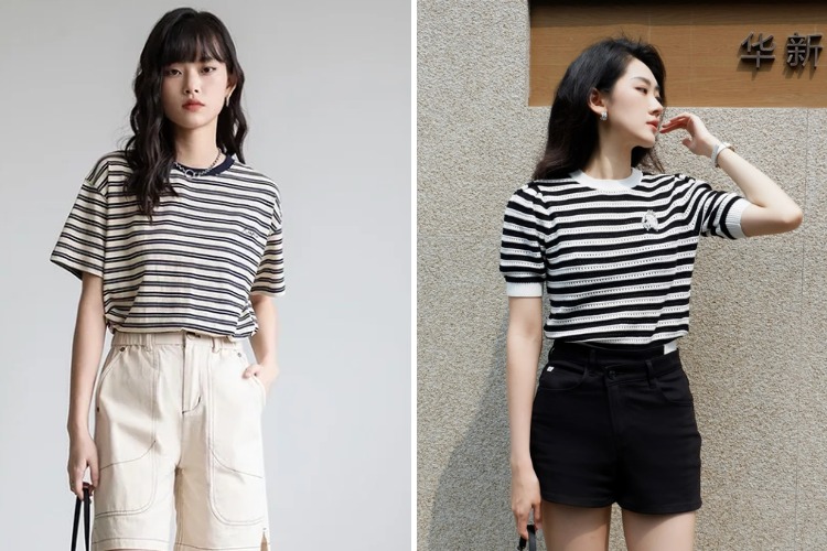 Mix áo thun sọc ngang đen trắng
